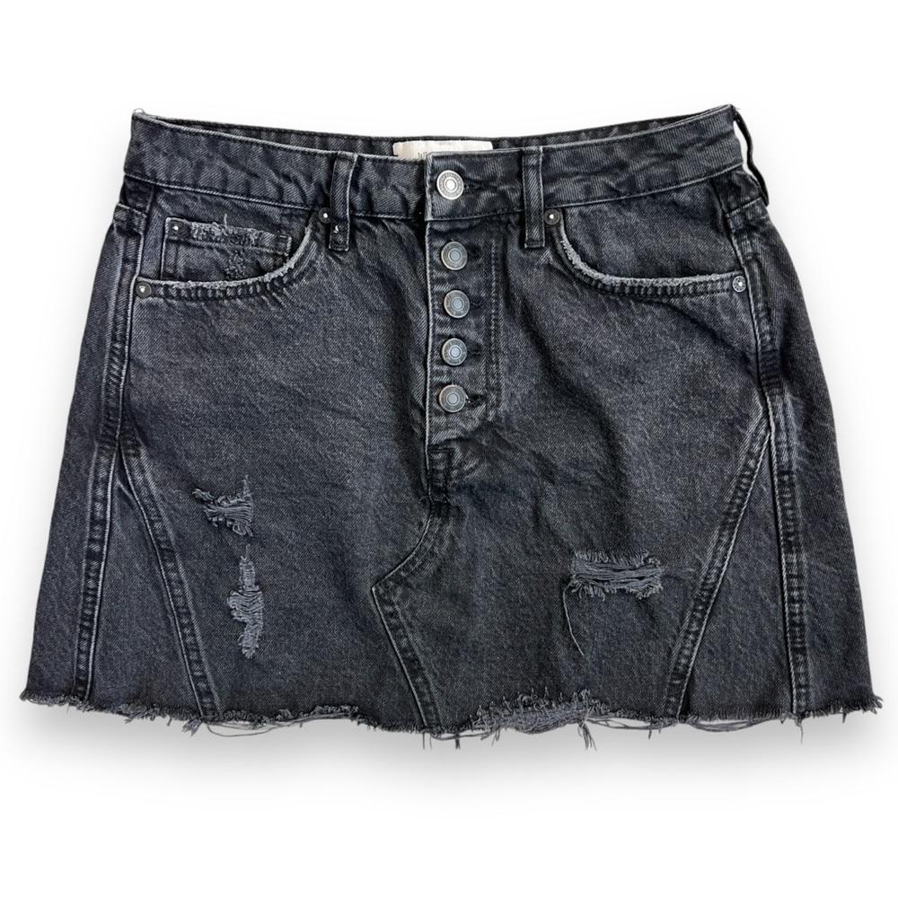 We The Free Black Distressed Denim Mini Skirt